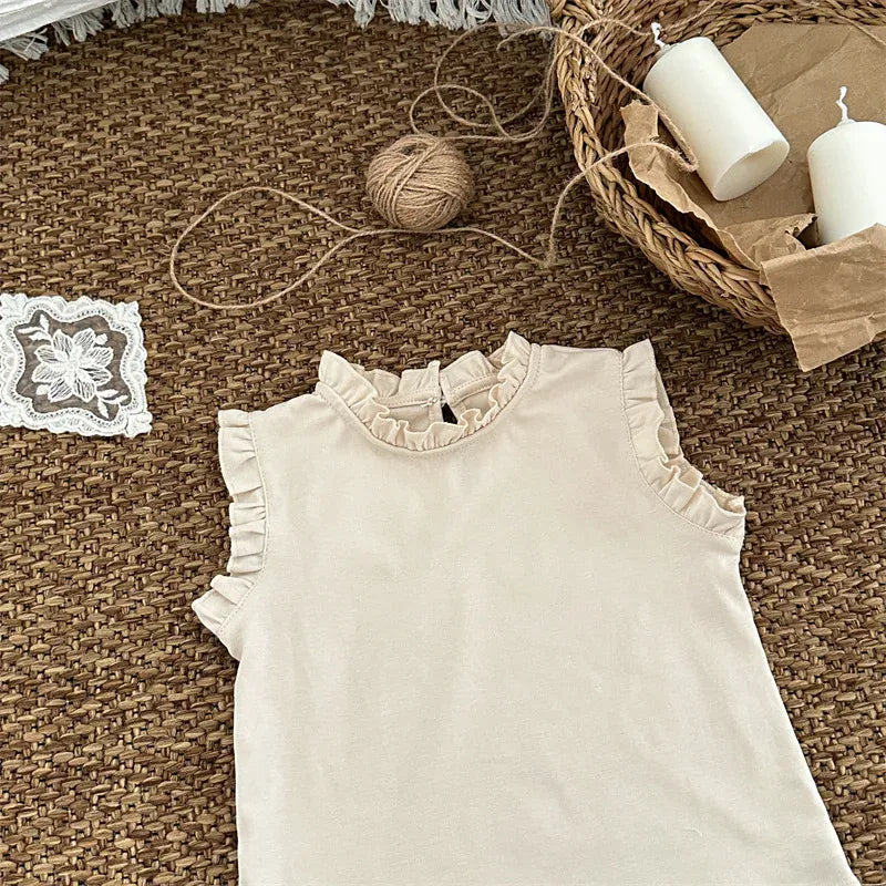 タンクトップ・キャミソール・ノースリーブトップス Beige / 18M (80) キッズトップス スタンドフリルカラー ノースリーブトップス 4カラー【mh0006021】