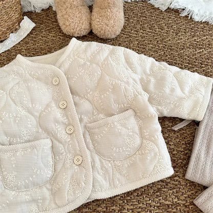 ショートコート・ジャケット・ジャンパー Beige / 18M (80) キッズアウター 刺繍フラワーバイピングパデッドジャケットコート【mh0007920】