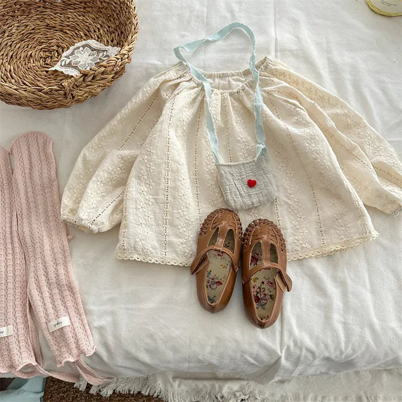 長袖シャツ・ブラウス Beige / 18M -80 キッズトップス フラワーレース刺繍長袖パフスリーブスモックチュニックブラウス【mh0008906】