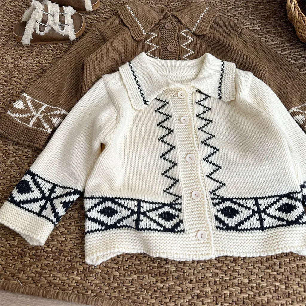 カーディガン・パーカー Beige White / 80cm レトロ幾何学Vネックニットカーディガン【mh0011267】