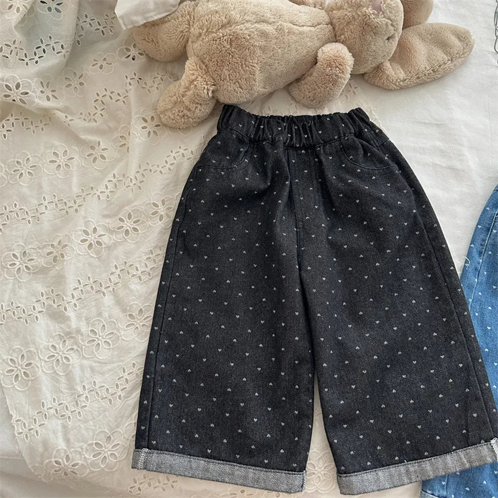 デニムパンツ Black / 80cm ハートプリントデニムワイドパンツ【mh0011266】