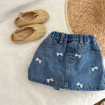 スカート Blue / 18M (80) キッズスカート デニム タイトスカート ショートパンツ リボン刺繍 パンツインスカート【mh0006023】