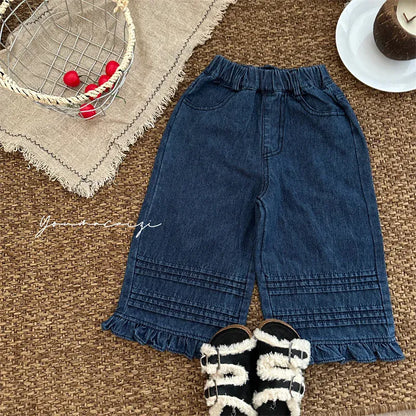 デニムパンツ Blue / 80cm キッズパンツ 裾フリルボーダーアクセントワイドルーズデニムパンツ ジーンズ【mh0007080】
