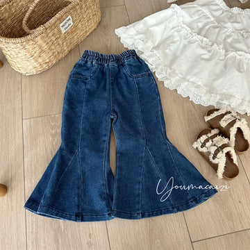 デニムパンツ Blue / 80cm 切替デザインデニムフレアベルボトムパンツ【mh0011256】