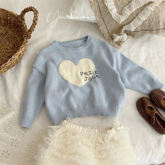 ニット・セーター Blue / 80cm ビッグハート刺繍クルーネックニット【mh0011265】