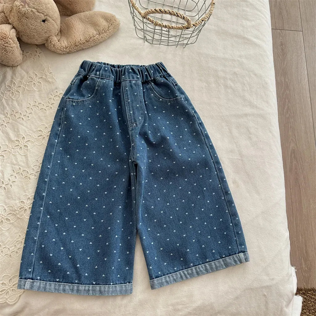 デニムパンツ Blue / 80cm ハートプリントデニムワイドパンツ【mh0011266】