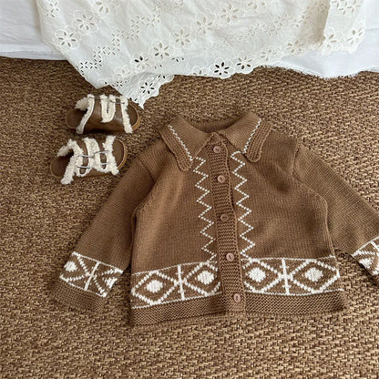 カーディガン・パーカー Brown / 80cm レトロ幾何学Vネックニットカーディガン【mh0011267】