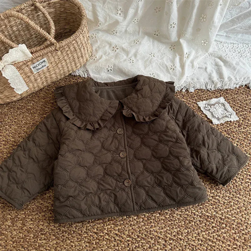 ショートコート・ジャケット・ジャンパー Coffee / 18M (80) キッズアウター ウェーブキルティングビッグフリル襟パデッドコートジャケット【mh0007889】
