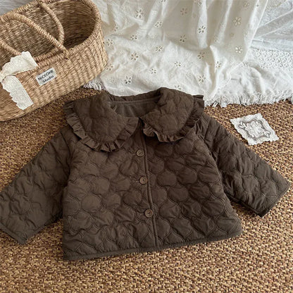 ショートコート・ジャケット・ジャンパー Coffee / 18M (80) キッズアウター ウェーブキルティングビッグフリル襟パデッドコートジャケット【mh0007889】