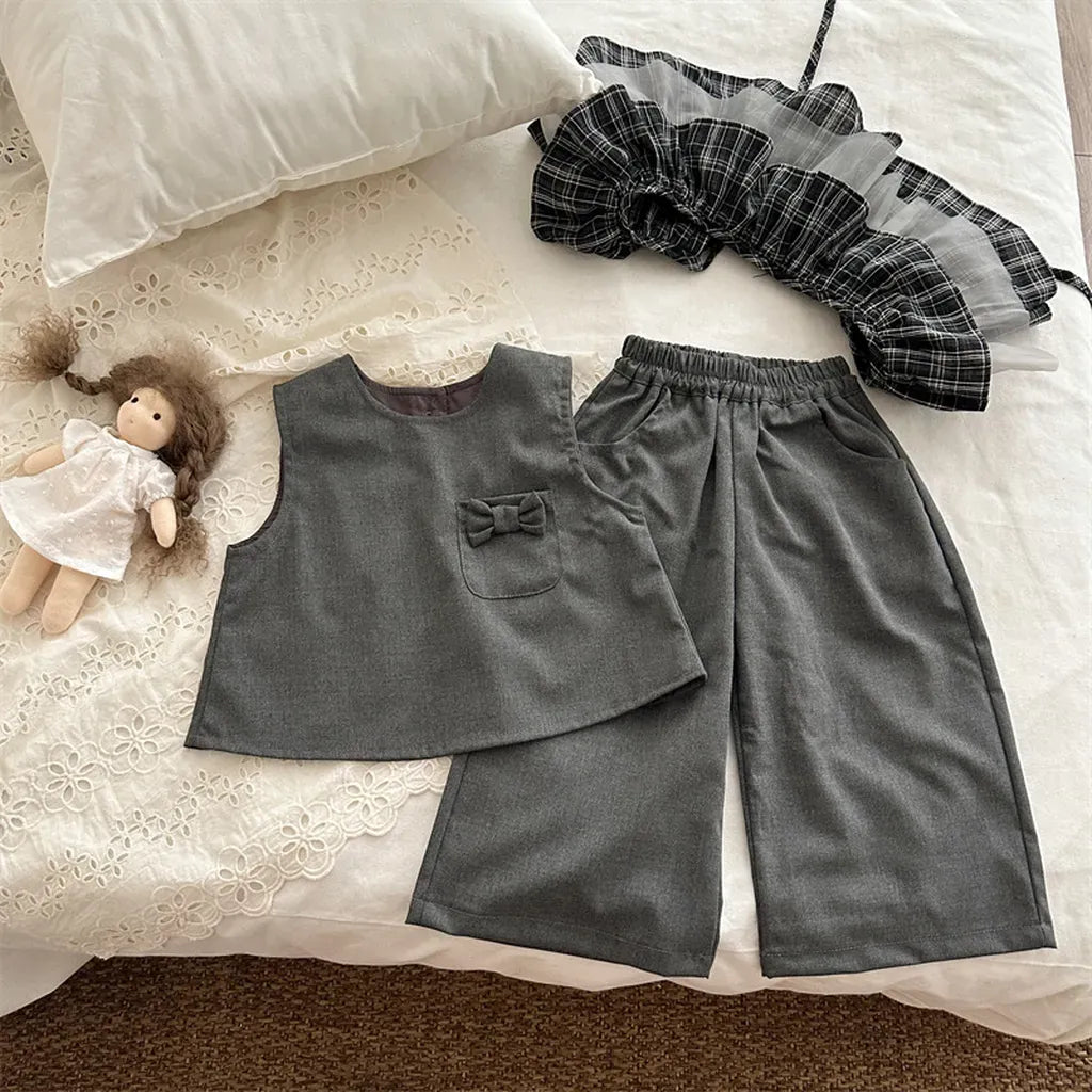 ノースリーブセットアップ Dark Grey / 80cm リボンポケットベスト+ワイドパンツセットアップ 2点セット【mh0011269】