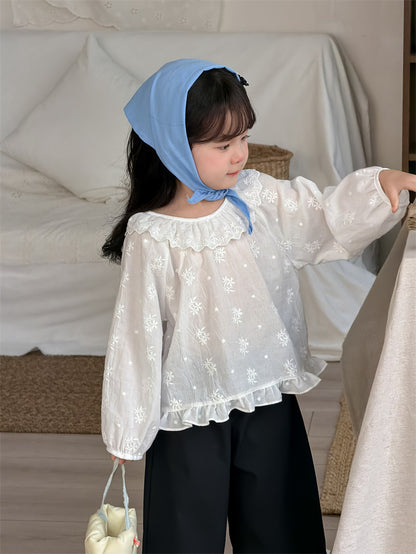 長袖シャツ・ブラウス Embroidery Lace Cotton Shirt 刺繍 襟付きブラウス【mh0012197】