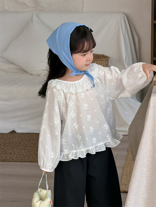 長袖シャツ・ブラウス Embroidery Lace Cotton Shirt 刺繍 襟付きブラウス【mh0012197】