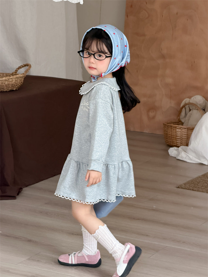 長袖ワンピース Embroidery Lapel Sweatshirt Skirt 刺繍 襟付きワンピース【mh0012188】