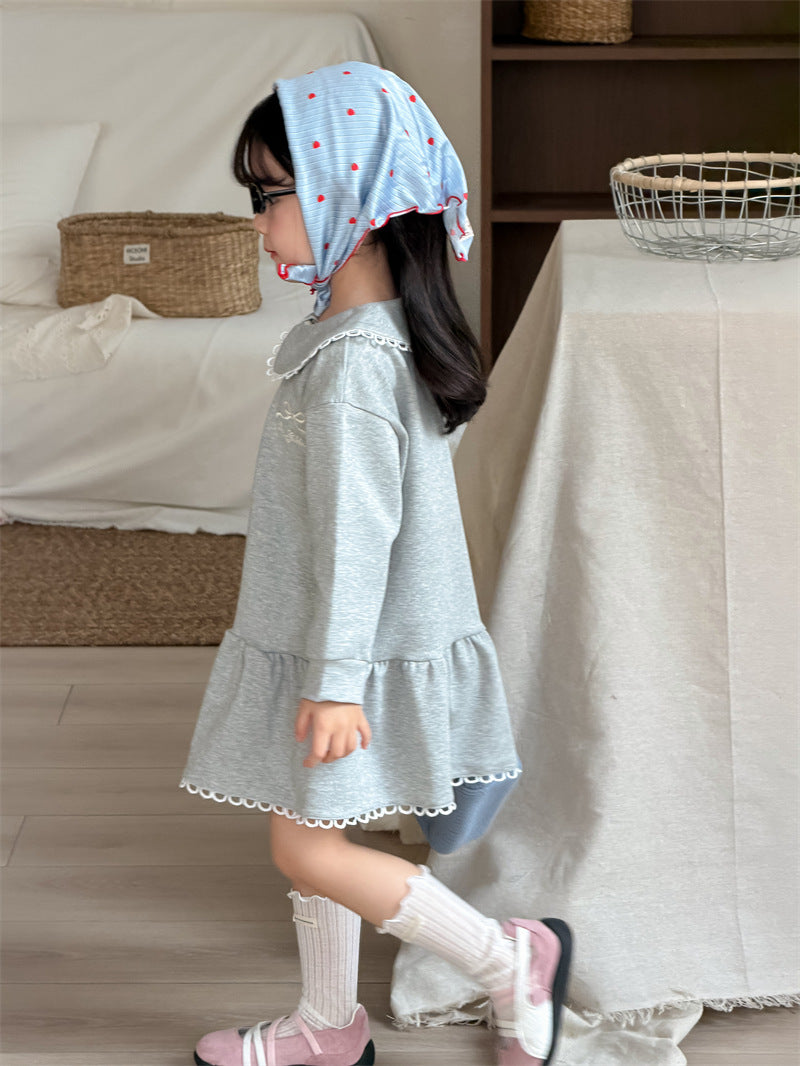 長袖ワンピース Embroidery Lapel Sweatshirt Skirt 刺繍 襟付きワンピース【mh0012188】