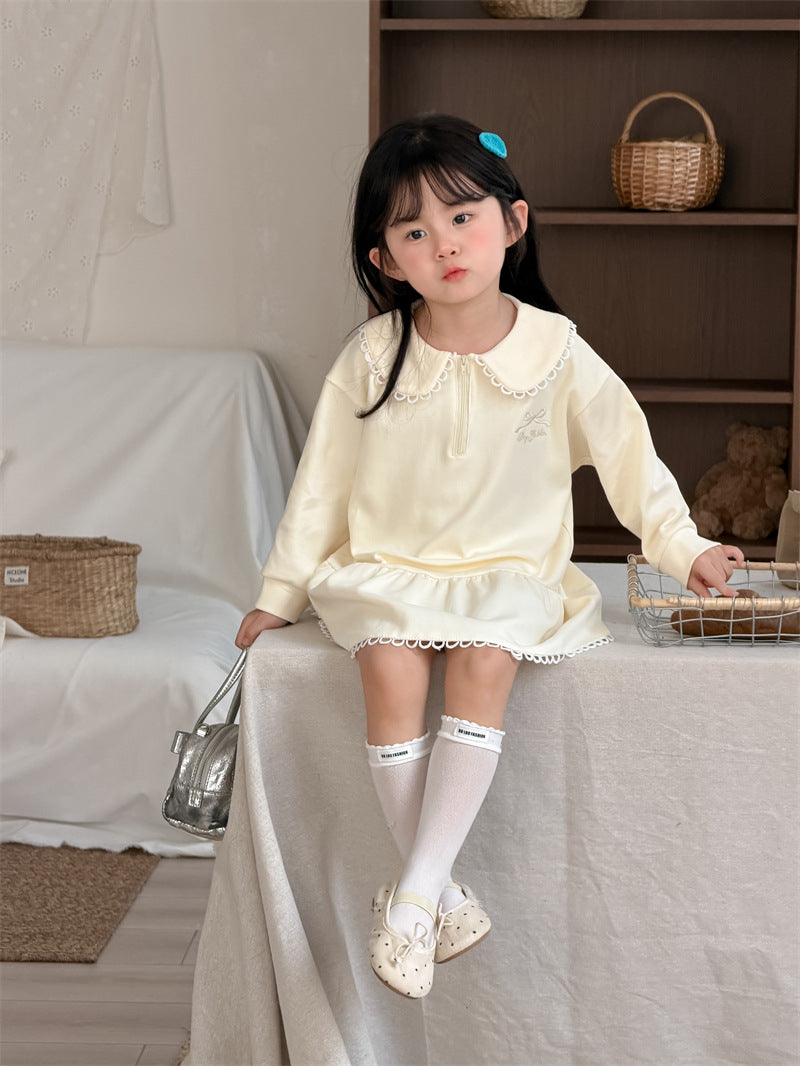 長袖ワンピース Embroidery Lapel Sweatshirt Skirt 刺繍 襟付きワンピース【mh0012188】