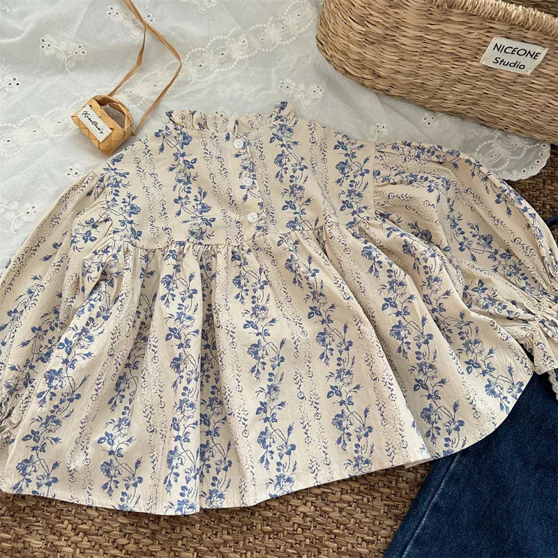 長袖シャツ・ブラウス Floral / 18M -80 キッズトップス フリルスタンドカラーフラワーストライププリント長袖パフスリーブチュニックブラウス【mh0006766】