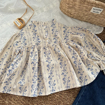 長袖シャツ・ブラウス Floral / 18M -80 キッズトップス フリルスタンドカラーフラワーストライププリント長袖パフスリーブチュニックブラウス【mh0006766】