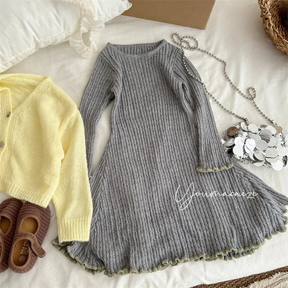 長袖ワンピース Gray / 80cm リブ編みメロウフリルウールニットワンピース【mh0011254】