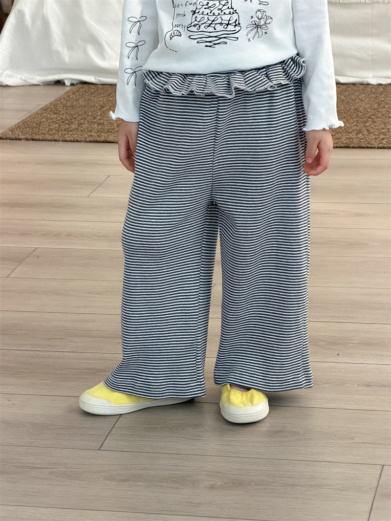 ロングパンツ・スウェットパンツ Gray / 80cm Striped Ruffle Knitted Straight Leg Pants ストライプ フリル ニットパンツ【mh0012208】