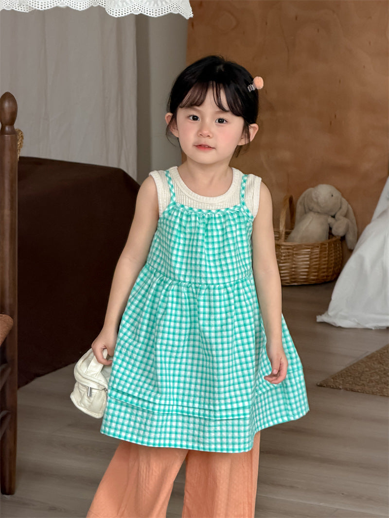 ノースリーブワンピース Green / 80cm Plaid Layered Sleeveless Dress チェック柄 キャミワンピース【mh0012204】