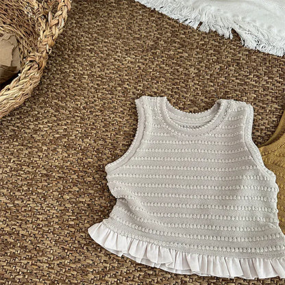 タンクトップ・キャミソール・ノースリーブトップス Light Gray / 18M (80) キッズトップス ニットフリル ノースリーブ ペプラムブラウス 3カラー【mh0006020】