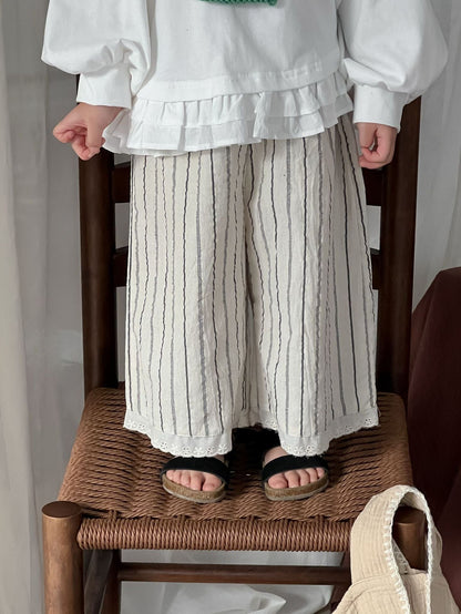 ロングパンツ・スウェットパンツ キッズパンツ ストライプ裾レースワイドルーズイージーパンツ【mh-0008978】