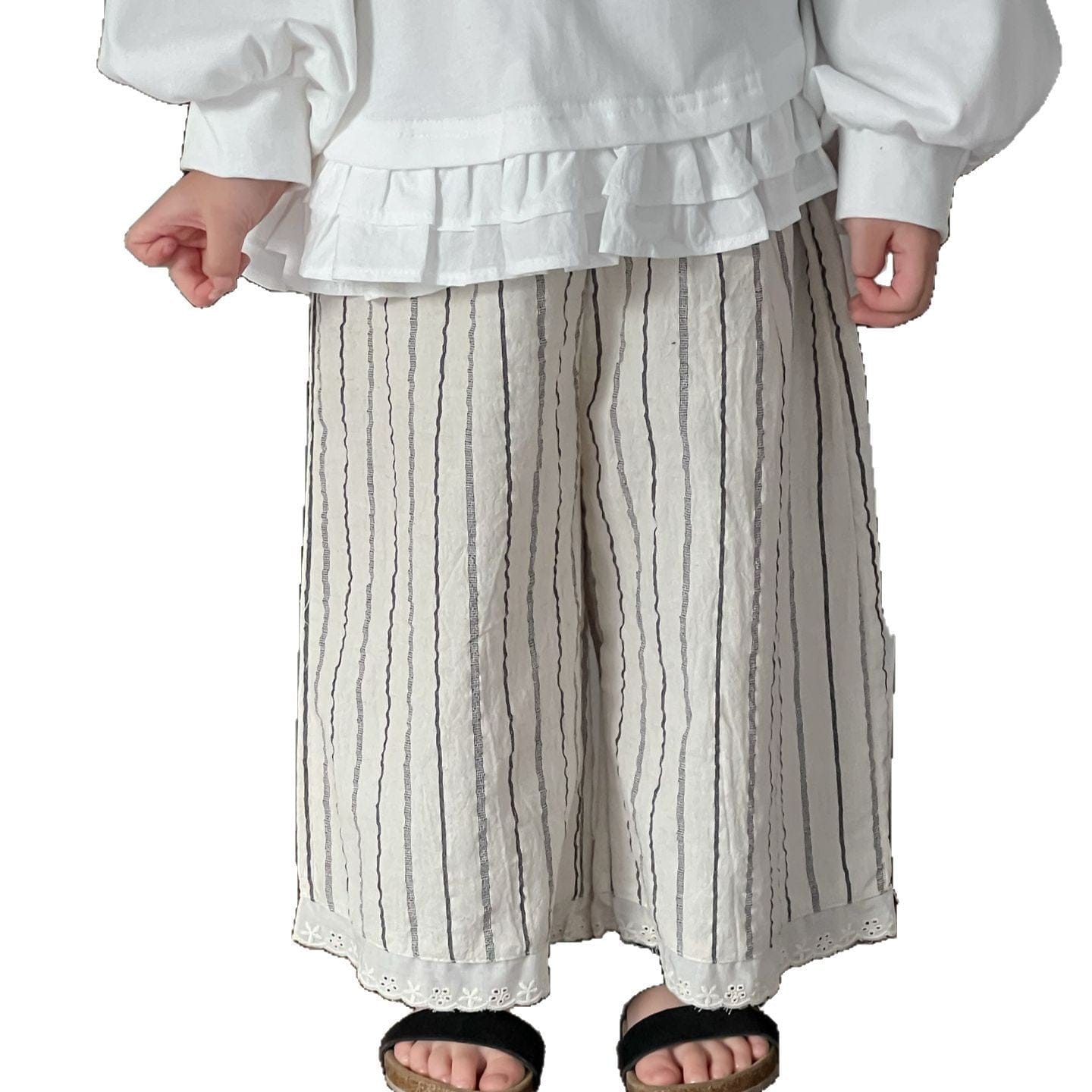 ロングパンツ・スウェットパンツ キッズパンツ ストライプ裾レースワイドルーズイージーパンツ【mh-0008978】