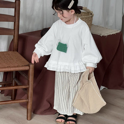 ロングパンツ・スウェットパンツ キッズパンツ ストライプ裾レースワイドルーズイージーパンツ【mh-0008978】