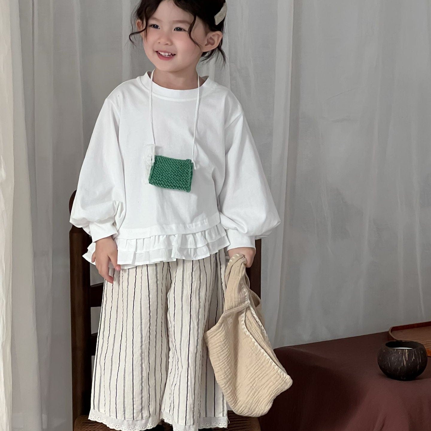 ロングパンツ・スウェットパンツ キッズパンツ ストライプ裾レースワイドルーズイージーパンツ【mh-0008978】