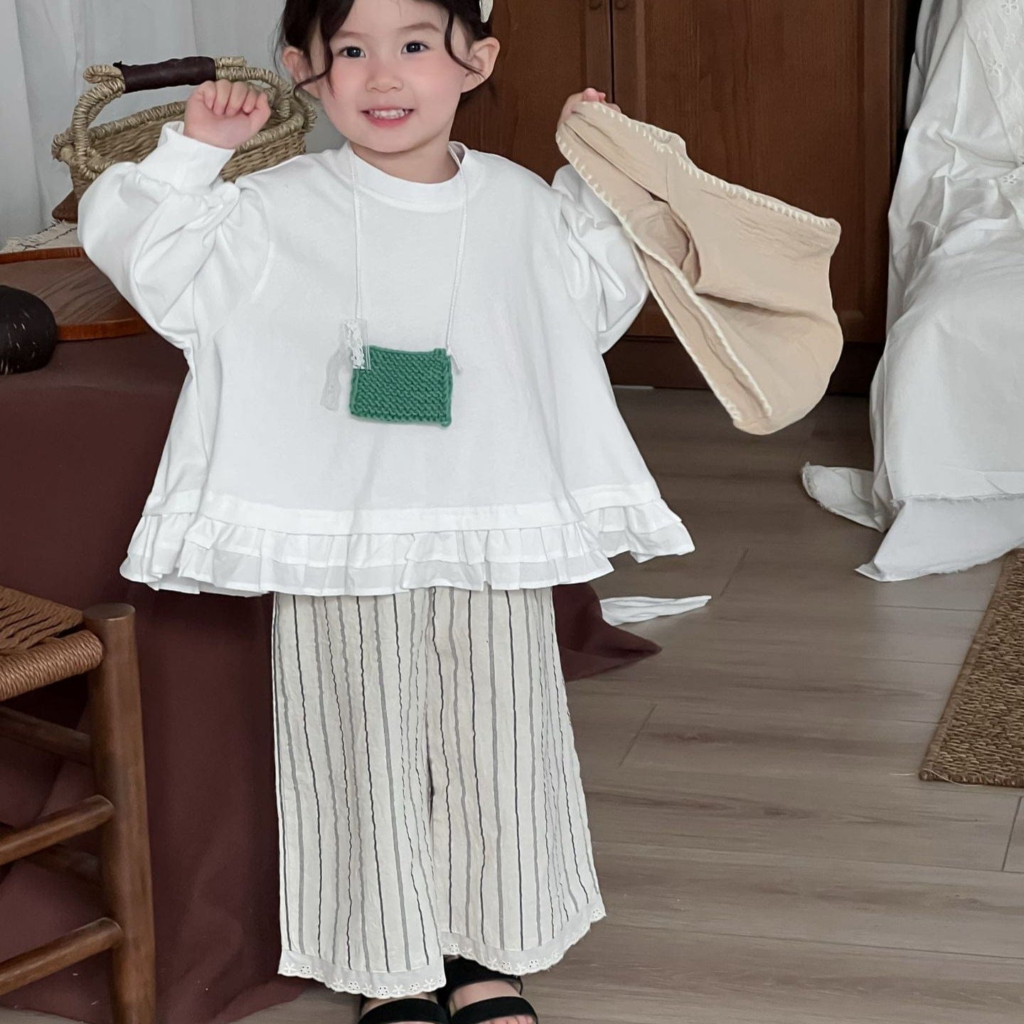 ロングパンツ・スウェットパンツ キッズパンツ ストライプ裾レースワイドルーズイージーパンツ【mh-0008978】