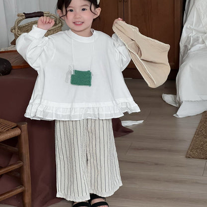 ロングパンツ・スウェットパンツ キッズパンツ ストライプ裾レースワイドルーズイージーパンツ【mh-0008978】