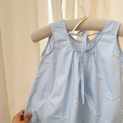 ノースリーブワンピース キッズワンピース ノースリーブルーズワンピース リボン刺繍 ブルー【mh0006022】
