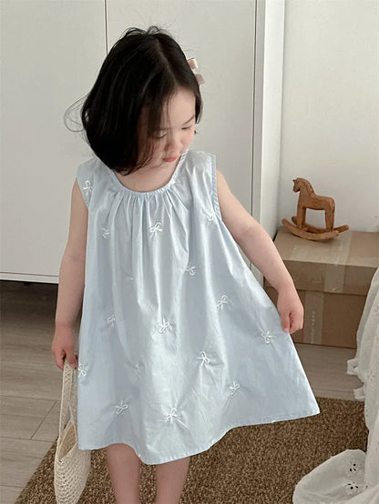 ノースリーブワンピース キッズワンピース ノースリーブルーズワンピース リボン刺繍 ブルー【mh0006022】