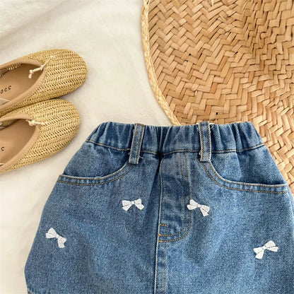 スカート キッズスカート デニム タイトスカート ショートパンツ リボン刺繍 パンツインスカート【mh0006023】