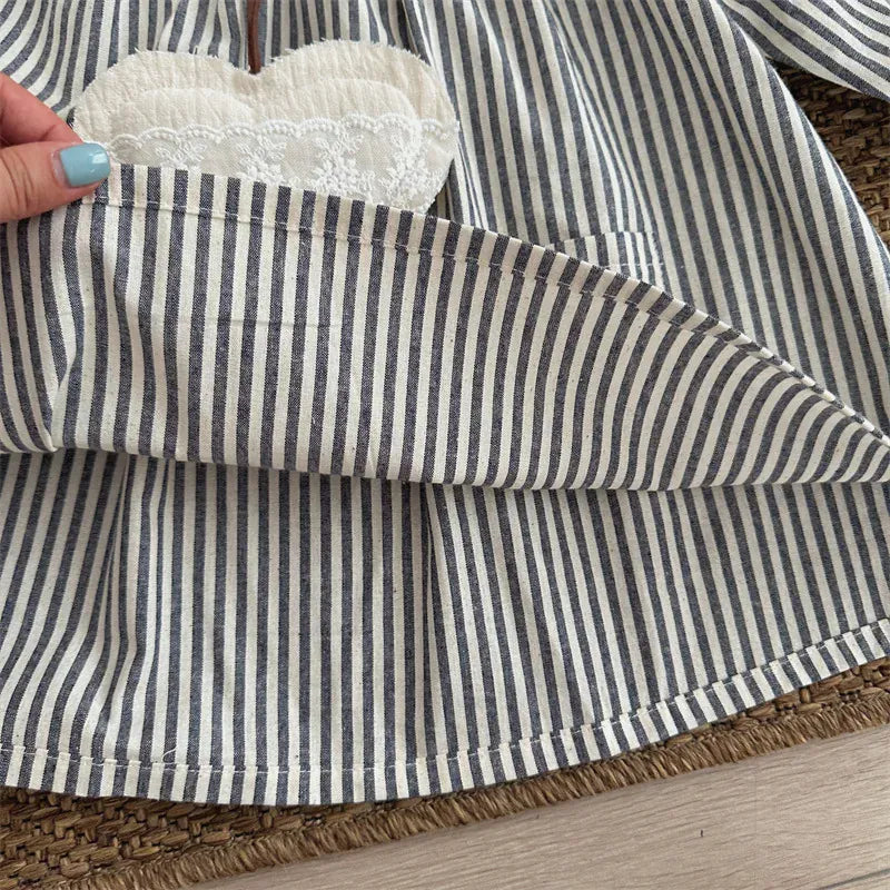 長袖ワンピース キッズワンピース ストライプビッグ襟長袖ワンピース【mh0006722】