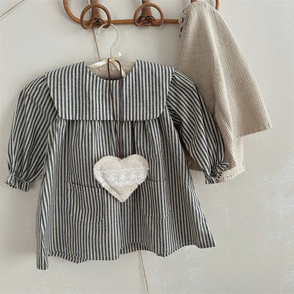 長袖ワンピース キッズワンピース ストライプビッグ襟長袖ワンピース【mh0006722】