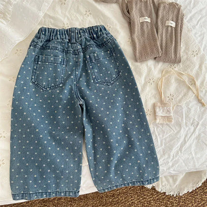 デニムパンツ キッズパンツ 水玉ドットワイドルーズデニムパンツ ジーンズジーパン【mh0006739】