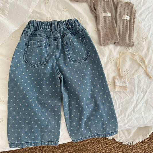 デニムパンツ キッズパンツ 水玉ドットワイドルーズデニムパンツ ジーンズジーパン【mh0006739】