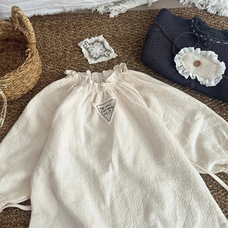 長袖ワンピース キッズワンピース ワンポイント三角タグフリルカラー長袖スモッグワンピース ベージュ【mh0006753】