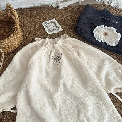 長袖ワンピース キッズワンピース ワンポイント三角タグフリルカラー長袖スモッグワンピース ベージュ【mh0006753】