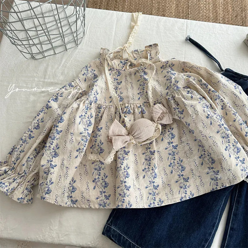 長袖シャツ・ブラウス キッズトップス フリルスタンドカラーフラワーストライププリント長袖パフスリーブチュニックブラウス【mh0006766】