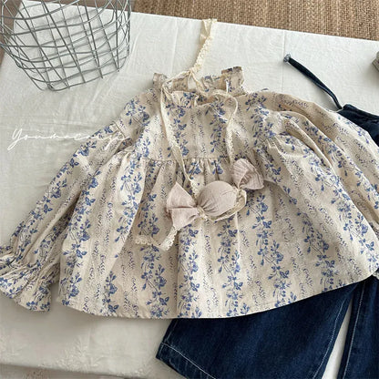 長袖シャツ・ブラウス キッズトップス フリルスタンドカラーフラワーストライププリント長袖パフスリーブチュニックブラウス【mh0006766】