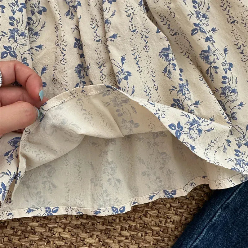 長袖シャツ・ブラウス キッズトップス フリルスタンドカラーフラワーストライププリント長袖パフスリーブチュニックブラウス【mh0006766】