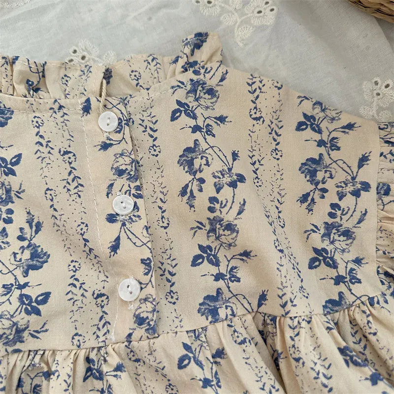 長袖シャツ・ブラウス キッズトップス フリルスタンドカラーフラワーストライププリント長袖パフスリーブチュニックブラウス【mh0006766】