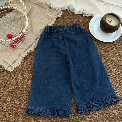 デニムパンツ キッズパンツ 裾フリルボーダーアクセントワイドルーズデニムパンツ ジーンズ【mh0007080】