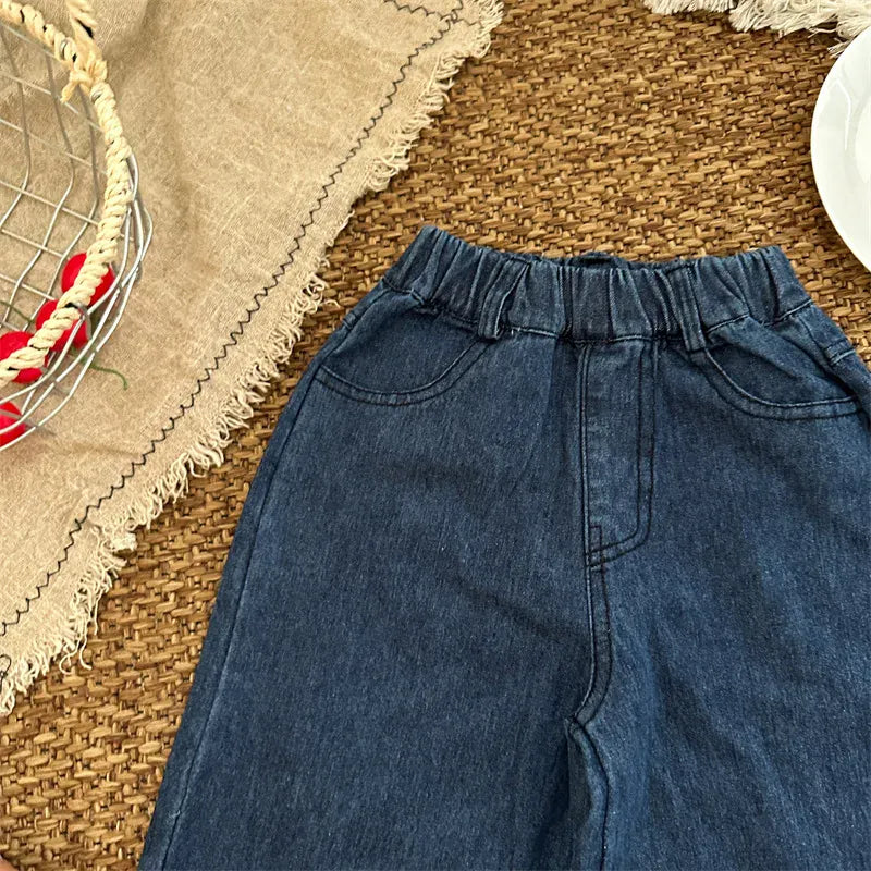 デニムパンツ キッズパンツ 裾フリルボーダーアクセントワイドルーズデニムパンツ ジーンズ【mh0007080】