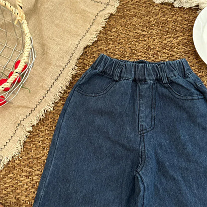 デニムパンツ キッズパンツ 裾フリルボーダーアクセントワイドルーズデニムパンツ ジーンズ【mh0007080】