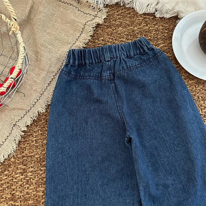 デニムパンツ キッズパンツ 裾フリルボーダーアクセントワイドルーズデニムパンツ ジーンズ【mh0007080】