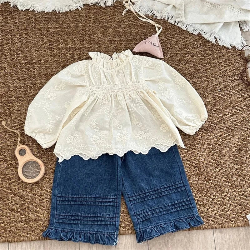 デニムパンツ キッズパンツ 裾フリルボーダーアクセントワイドルーズデニムパンツ ジーンズ【mh0007080】