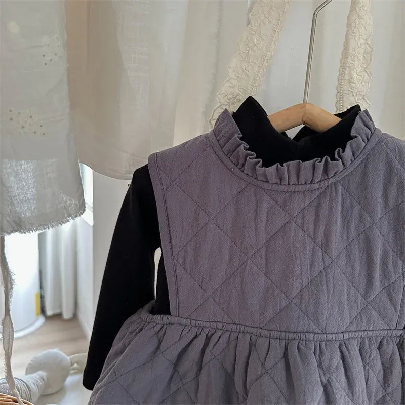 ノースリーブワンピース キッズワンピース キルティングフリルノースリーブ防寒ワンピース ジャンパースカート【mh0007916】